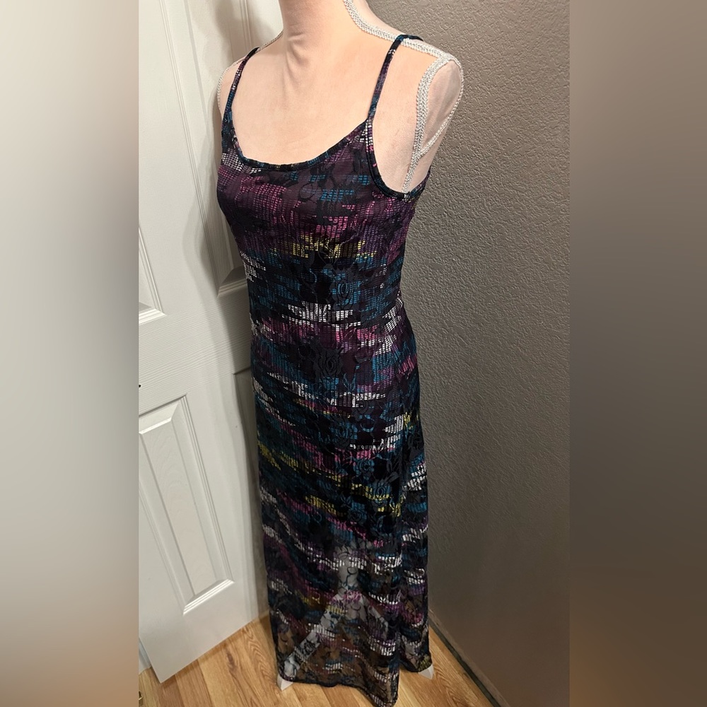 VINTAGE 90s Y2K Digital Print Stretch Mesh Maxi Dress With Strappy Back - Picture 3 of 11